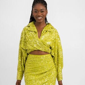ASOS EDITION Slouchy Sequin Wrap Front Shirt In Lime Green